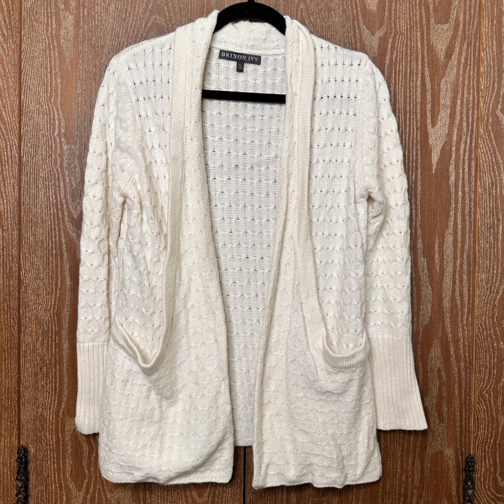 Brixon Ivy Cream Open Front Cable Knit Cardigan Angora Cashmere Blend Size M
